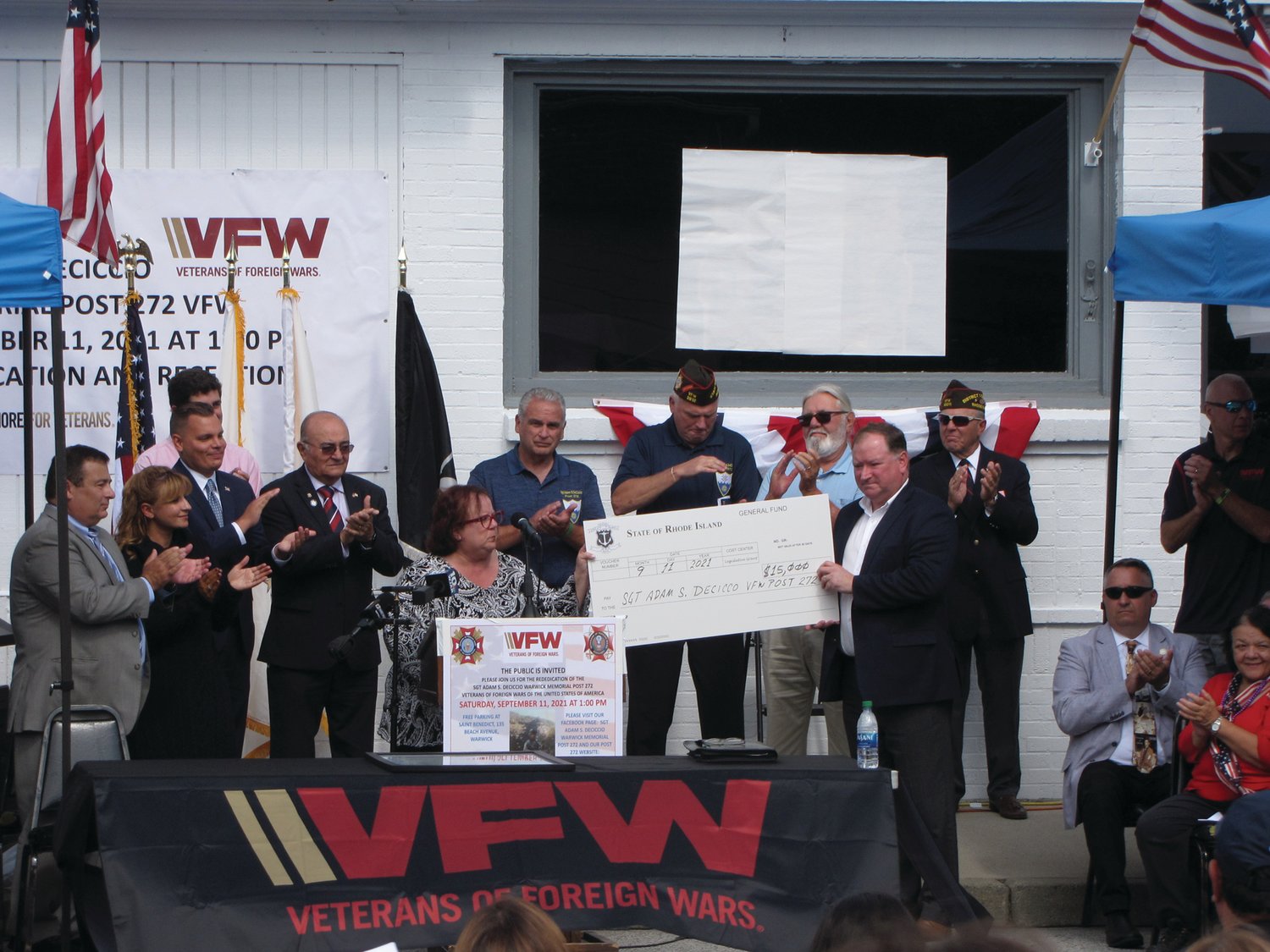 STATE’S SUPPORT: Members of the General Assembly present a $15,000 grant to Sgt. Adam S. DeCiccio Warwick Memorial VFW Post 272 during Saturday’s ceremony. The funding will help support renovations for the building, located in Warwick’s Conimicut Village. Commanding office